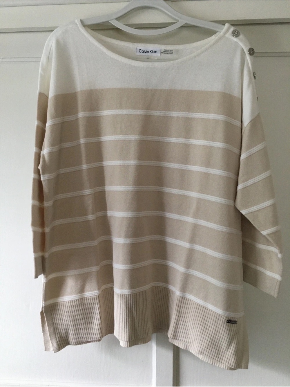Calvin Klein Cream and Beige Striped Boatneck Sweater